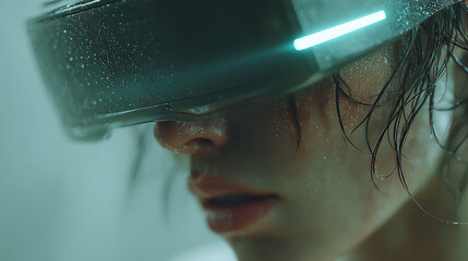 Cyberpunk virtual reality headset neon moisture closeup woman futuristic technology sci fi Futuristic closeup with neon glow and moisture woman