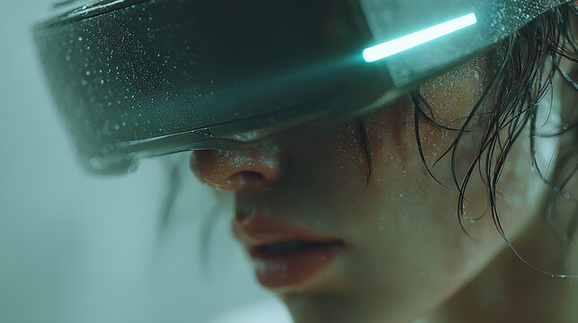 Cyberpunk virtual reality headset neon moisture closeup woman futuristic technology sci fi Futuristic closeup with neon glow and moisture woman