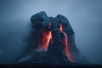Mythical volcano erupting, lava streams, dark