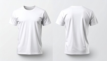 A plain white t-shirt, presented from both the front and back, against a pale background for mockup purposes