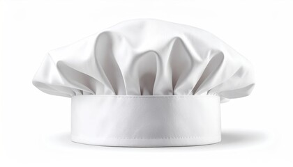 A crisp, white chef's hat with soft folds and a wide band, casting a delicate shadow on a white surface. Isolated and clean presentation