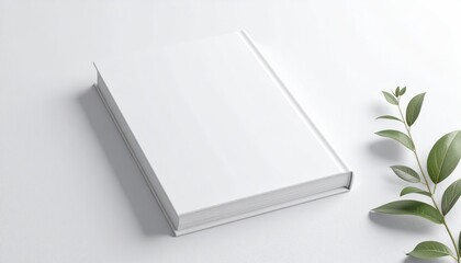 A blank, white, hardback book lays angled on white next to a leafy stem. Soft light. Minimalist. Copy space for text/graphics