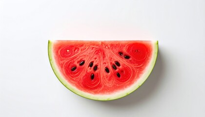 Half-moon slice of watermelon, revealing its vibrant red flesh dotted with black seeds, against a clean, white background