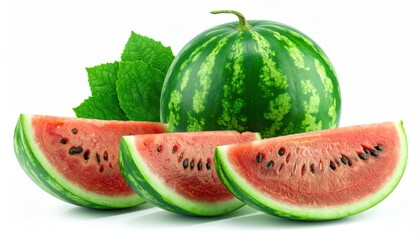 A whole, green-striped watermelon and several slices are beautifully arranged with sprigs of mint, isolated on a white background