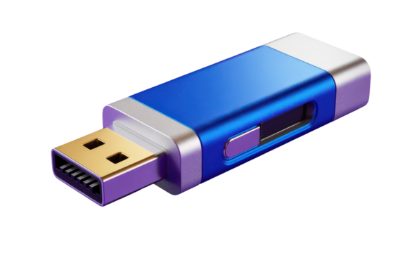 Sleek Metallic USB Flash Drive on Purple Background