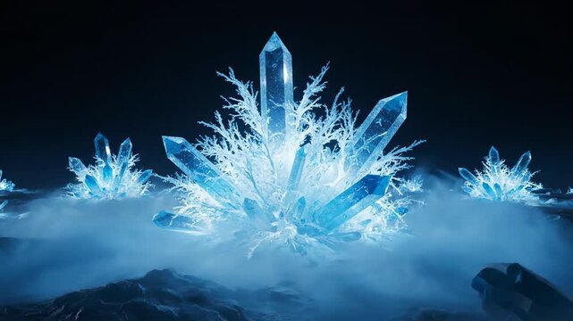 A seamlessly looping video displaying cool blue and white crystalline structures slowly expanding with an icy aura burst abstract art, ice, clarity