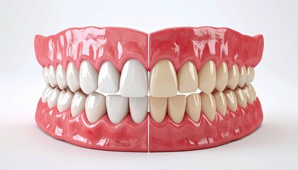 Obraz premium A 3D illustration showing a before and after comparison of teeth whitening on a human jaw model