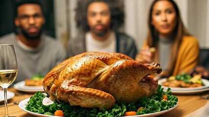 friends gathering enjoy thanksgiving holiday meal roasted turkey