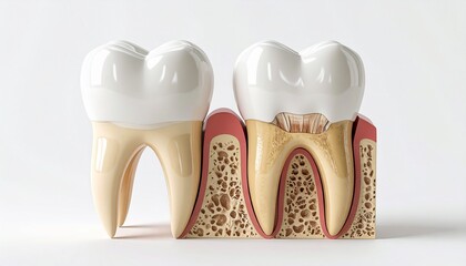 A detailed 3D cross-section illustration showing the anatomy of a healthy tooth next to one with a dental cavity filling