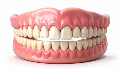 A hyper-realistic 3D illustration of a complete set of upper and lower dentures on a white background