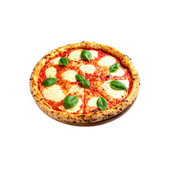 A single slice of tasty Italian pizza with delicious pepperoni, cheese, and tomato sauce is isolated on a white background