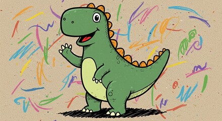 Fototapeta premium Cartoon Dinosaur with Colorful Scribbles on Textured Background
