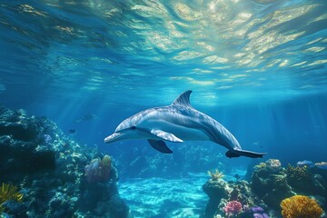 Obraz premium Serene dolphins swimming sea underwater view coral colorful fish blue background sunlight filtering clear waters detailed texture skin face