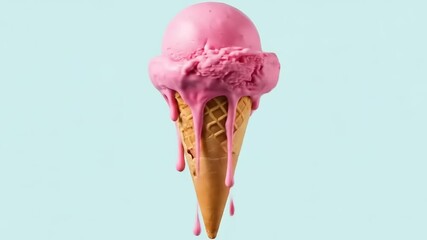 Pink ice cream cone with melting scoop against a light blue backdrop, evoking summer joy and indulgence