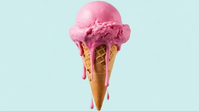 Pink ice cream cone with melting scoop against a light blue backdrop, evoking summer joy and indulgence