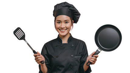 Smiling Asian Female Chef in Black Uniform Portrait