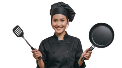 Smiling Asian Female Chef in Black Uniform Portrait