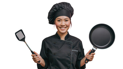 Smiling Asian Female Chef in Black Uniform Portrait