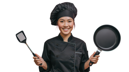 Smiling Asian Female Chef in Black Uniform Portrait