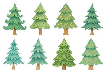 Obraz premium PNG Whimsical watercolor evergreen tree illustrations, element set on transparent background