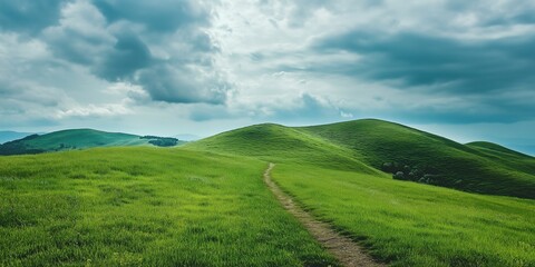 Obraz premium Beautiful green grassy hills with winding path under cloudy sky, serene landscape nature scenery outdoor countryside walking trail