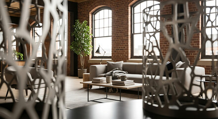 Naklejka premium Modern Industrial Loft Living Room Interior with Exposed Brick Walls and Large Windows.