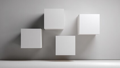 Four blank white cubes mounted on a light gray wall.  Minimalist, geometric, and clean design.  Empty display boxes, or architectural elements