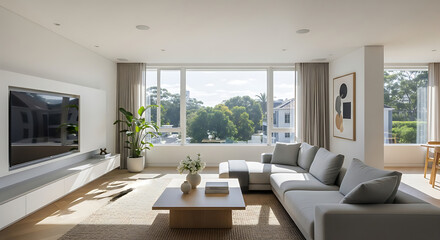 Modern LightFilled Living Room with Large Windows.