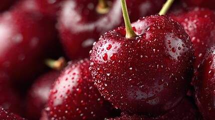 and keyword list based on the image

 Close-up of Wet Cherries Freshly Harvested on a Table in the Kitchen for a Snack