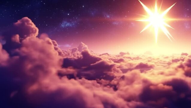 Bright star above soft clouds in dreamy cosmic sky at twilight
