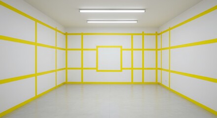 Empty square room with Yellow adhesive paper tapes on the wall