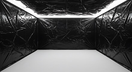 Empty square room with black crumpled and creased plastics on the wall