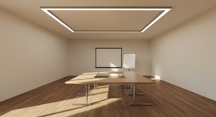 Empty square room with Conference room interior with wooden table and flipchart