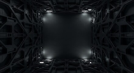 Empty square room with Wall of black metal futuristic new building. Abstract architectural pattern
