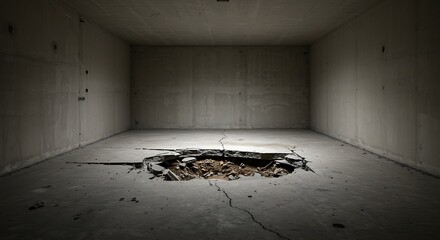 Empty square room with Broken concrete floor with hole