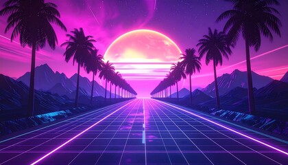 A futuristic landscape featuring a neon-lit road leading towards a glowing sun, flanked by palm trees under a vibrant sky