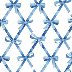 Watercolor Blue Bows in Diagonal Lattice Pattern