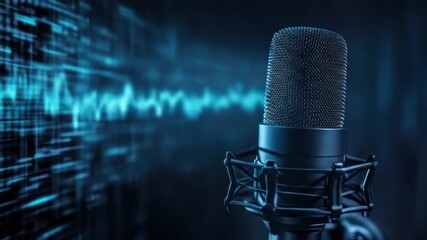 A professional microphone stands in focus against a blurred blue audio waveform backdrop, suggesting recording or broadcasting.