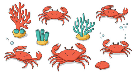 Playful cartoon crabs and coral scene in a vibrant marine environment