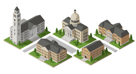 Isometric cityscape with government buildings and church in classic architectural style