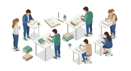 Isometric classroom scene with students studying and writing in a modern learning environment