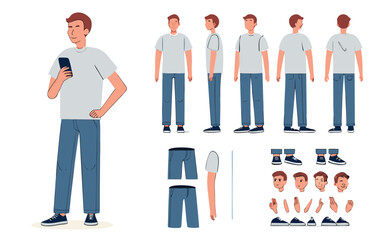 Casual man character constructor for animation. Front, side and back view. Body parts and postures collection. Vector illustration. 
