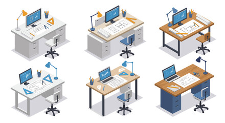 Isometric office desks with architectural blueprints and tools