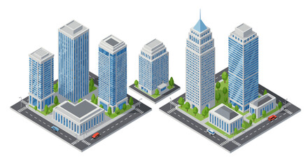 Modern isometric cityscape with high-rise buildings and roads