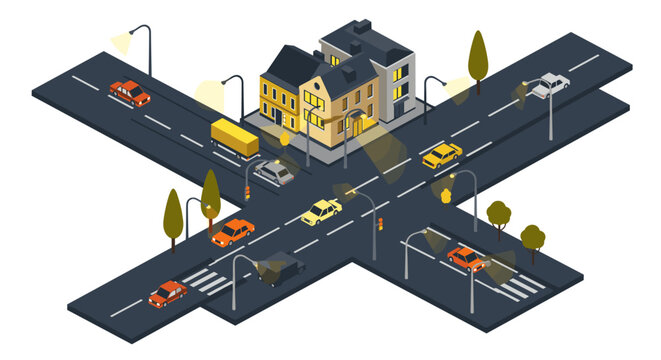 Urban night scene with illuminated streets and buildings in isometric style