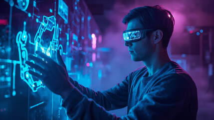 Male developer using virtual reality glasses to design a complex digital schematic in a neon-lit workspace