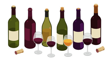 Isometric wine bottle and glass collection with corks in vibrant colors