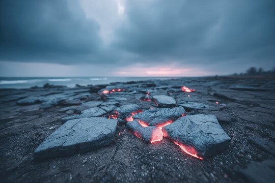Glowing lava rocks on a stormy beach at sunset - Powered by Adobe