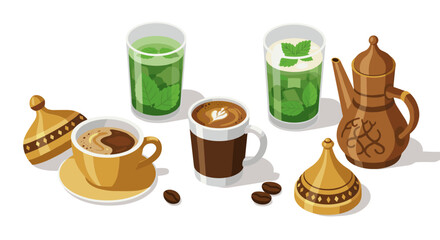 Arabic coffee and tea set with mint tea and traditional teapot in isometric style