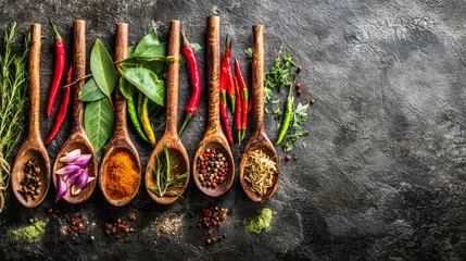 Crédence de cuisine Herbes Asian cuisine ingredients beautifully arranged on a rustic stone surface with fresh herbs and spices.   © SU